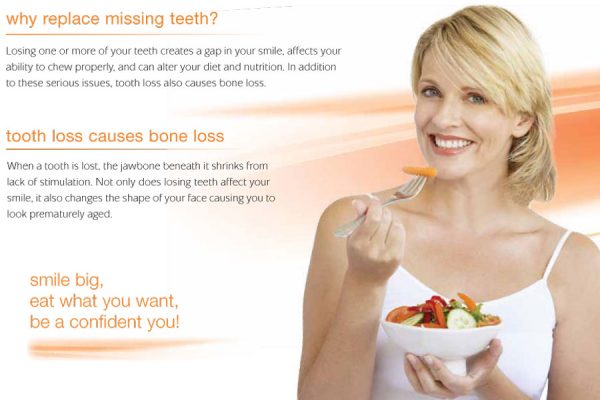 a blonde woman eating a salad smiles at the camera by text explaining why replacing missing teeth is important